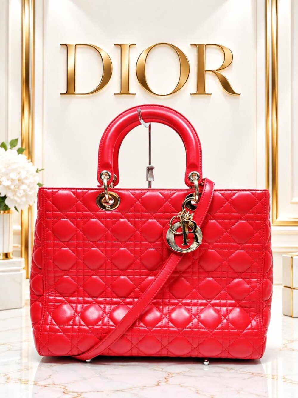 Authentic Christian Dior Lady Dior Cannage Red Leather Large Tote/Shoulder Bag